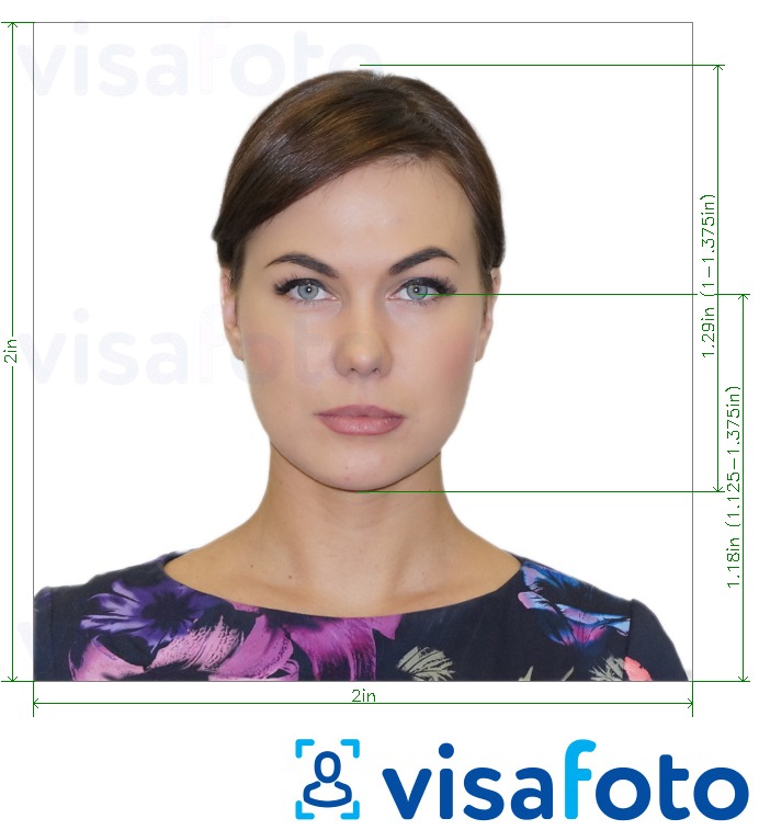 ឧទាហរណ៍នៃរូបថតសម្រាប់ US Visa 2x2 inch (51x51mm) ជាមួយនឹងការបញ្ជាក់លម្អិតពីទំហំពិតប្រាកដ